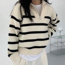 Women's Sweaters Striped Fashion Women 2023 Autumn Winter Pullovers Korean Style Knitwears Long Sleeve Zipper Knit Top Ladies Sweater