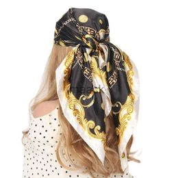 Scarves Head/Hair Scarf Black Gold Square Silk Scarves Women Summer Hijab Multifunctional Vintage Bandana Foulard Soie De Luxe Femme HKD230830