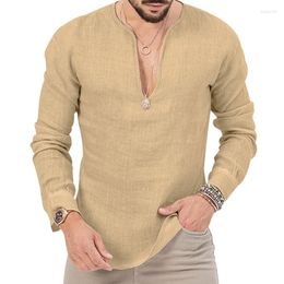 Men's Casual Shirts Summer Breathable Cotton Linen Shirt Deep V Neck Pullover Long Sleeve Blouse Youth Large Size Daily Sports Thin Top