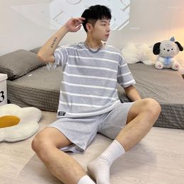 Men's Sleepwear Men Cotton Striped Summer Set Classic Grey Casual Home Loungue Confortable Nightwear Pyjamas