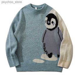 Mens Cartoon Penguin Knitted Sweater Streetwear Harajuku Vintage Jumpers Pullover Women Autumn Cotton College Sweaters Unisex Q230830