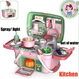 Kitchens Play Food Children's Kitchen Toys Pretend Toy Lighting Spray Discolourations Out of Water Cooking Suitcase Carrying Basket Gift 230830