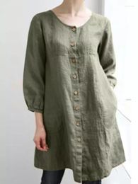 Women's Blouses 2023 Summer Shirt Clothing Cotton Button O Neck 3/4 Sleeve Fashion Loose Top Camisas De Mujer