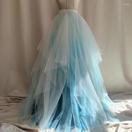 Skirts Ice Blue Satin & White Tulle Skirt High-waist Elastic Long Evening With Lining Gradient Floor Length Elegant Prom Gowns