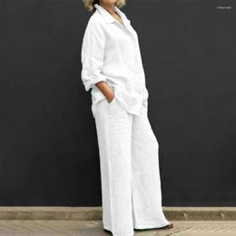 Women's Two Piece Pants Winter Women Autumn Linen Lapel Shirt Pieces Set Vintage Solid Long Sleeve Button Blouse Loose Straight Casual Suits