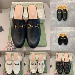 Desginer Slippers Wool Women Men Princetown Loafers Classic Metal Buckle Embroidery Leather Shoes Half Slipper Pattern Slides