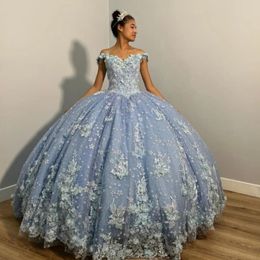 Sky Blue Off The Shoulder Quinceanera Dresses Ball Gown Sleeveless Floral Appliques Lace Handmade Flowers Sweet 15 Party Wear