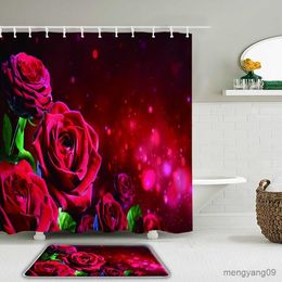 Shower Curtains Flowers Red Rose Shower Curtain Set 3D Printing Waterproof Fabric Bathroom Curtain with Anti-slip Mat Bathroom Products R230830