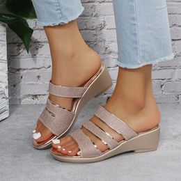 Slippers Women Wedges Bling Flats Flip Flops 2023 Summer Sandals Autumn Shoes Rome Ladies