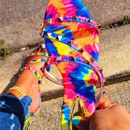 Slippers Women Mixed Color Rivet 2023 Woman Graffiti Tie Dye Slides Summer Ladies Casual Beach Flats Female Big Size Footwear