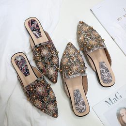 Slippers Pointed Toe Women Mules Low Heels Slip On Crystal Rivet Floral Cosy Casual Female Footwear Bead Decor Shoes