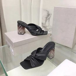 Slippers Fashion Designer Dress Women Wedge Heels Cross Band Slides Square Toe Crystal Bottom High Shoe