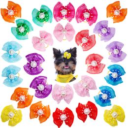 Dog Apparel 10pcs Pet Hair Bow Accessories Lace Pearl Accents Colourful with Rubber Bands for Cute Medium Small Cats Decoration 230829