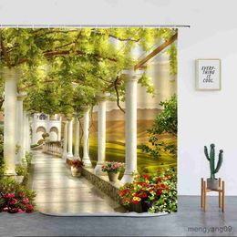 Shower Curtains Style Shower Curtains Building Street Landscape Spring Flowers Green Plants Fabric Decor Bathroom Curtain Sets R230831