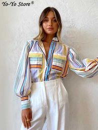 Women's Blouses Shirts Colourful Striped Single Breasted Loose Shirt Women Casual Long Sleeve Shirts Female Summer 2023 Turn-down Collar Lady Top T230825