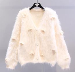 23-Plush Camellia Sand * ro Sweater Women's 2023 Autumn/Winter French Celebrity V-neck Knitted Cardigan Coat Thick