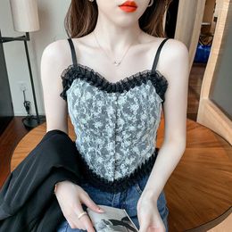 Women's Tanks Summer Women Sexy Lace Tank Top Knitting Printed Patchwork Spaghetti Strap Backless All - Match Skinny Bustier Crop Tops