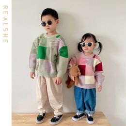 Pullover 2023 Autumn Winter Children Sweaters Kids Knitting Wear Pullovers Long Sleeve Plaid Boys Girls Tops 230830