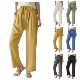 Women's Pants Summer Ladies Casual Wide Leg Tie Elastic Waist Pleat Front Pocket Solid Colour Dress Pantaloni Donna Estivi