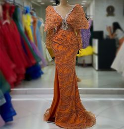 2023 Aso Ebi Arabic Orange Mermaid Prom Dress Pearls Crystals Sexy Evening Formal Party Second Reception Birthday Engagement Gowns Dresses Robe De Soiree ZJ25