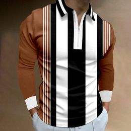 Men's Polos Reduced Vertical Line 3D Print Polo Zipper Long Sleeve Shirt for Men Button Down Fashion Shirt 230830
