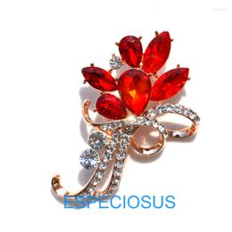 Brooches Elegant Red Cubic Zircon Terne Metal Flower Pin Women Gift Accessories Garment Jewellery Brooch Rhinestone Rose Gold Colour