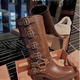 Boots Luxury Designer Boots Harness Belt Buckled cowhide leather Biker Knee Boots chunky heel zip Knight boots Fashion square toe Ankle Booties Western boots 35-40