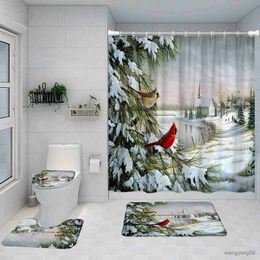 Shower Curtains Landscape Shower Curtain Bath Mats Set Red Bird Berry Christmas Bathroom Decor Carpet Anti-Slip Rug Cover R230830