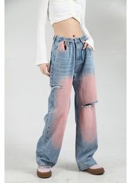 Women's Jeans Gradient Pink Ripped Straight 2023 Spring Summer All-match Personality Niche High Waist Wide-leg Trousers