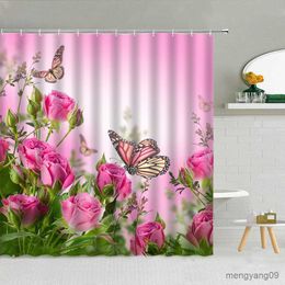 Shower Curtains Spring Floral Scenery Pink Shower Curtain Rose Flower Green Leaf Butterfly Water Bathroom Decor Waterproof Fabric Curtains R230830