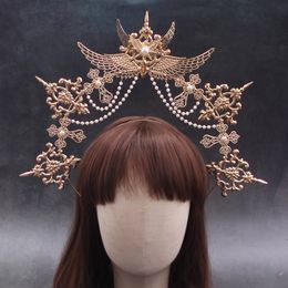 Handmade Lolita Headband Golden Mary Apollo Sun Halo Angel Goddess Gothic Crown Goth Headpiece Filigree For Cos Photoshoot