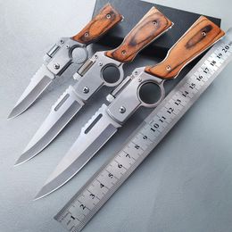 3 Pieces Set Outdoor Folding Knife with LED Light Stainless Steel Blade Camping Pocket Knife WOOD EDC Cutter Cutlery