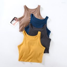 Yoga Outfit Ribbed Tank Top Women Casual Fitness Short Vest Off Shoulder Sexy Crop Sports Crewneck Built In Bra Camisole