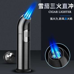 New Elbow Windproof Three Fires Straight Blue Flame Inflatable Lighter Personality Creative Tide Moxibustion Cigarette UZZG