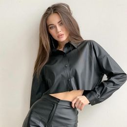 Women's Blouses Women Shirt Autumn Winter PU Leather Clothes Street Navel Long Sleeve Top Short Motorcycle Wind Tops