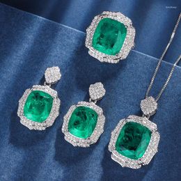 Necklace Earrings Set EYIKA Vintage Cushion Cut Square Green Fusion Blue Pink Crystal Jewellery CZ Ring Brazil Semi Joias