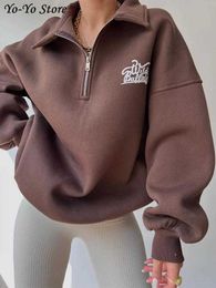 Women's Blouses Shirts Loose Letter Printed Fleece Women's Sweatshirt Polo Collar Zipped Long Sleeve Top Female Pullover Autumn Casual Lady Sweatshirts T230825