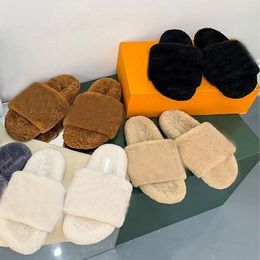 high quality winter Men Cartoon slippers fashion Lazy black white letter women designer shoes sexy platform Lady 100% keep warm wool flops Large size 35-41-5 With box