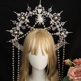 Handmade KC Silver Halo Crown Headdress Lolita Madonna Aperture Crown Headpiece Bead Chain Hair Hoop Tiara Hair Ornaments
