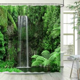 Shower Curtains Spring Forest Landscape Shower Curtain Tropical Jungle Plants Waterfall Nature Scenery Curtains Garden Bathroom Decor with R230830