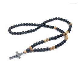 Pendant Necklaces Matte Black And Wood Beads 8mm With Hematite Cross Necklace Rosary Mens Jewelry NSN011