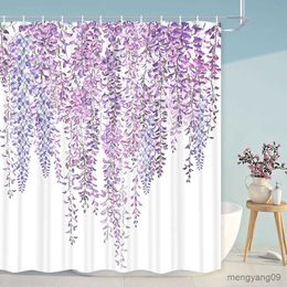 Shower Curtains Mauve Cherry Blossom Shower Curtain Purple Lilac Sakura Spring Flower Floral Geometric Girls Bathroom Set R230830