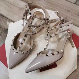 Valention shoes sandals buckle wrapped heels rivet Oversized high heels women's thin heels pointed straps shallow single shoes Wedding shoes LHOYI