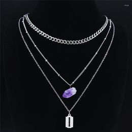 Pendant Necklaces 2023 Purple Natural Crystal Stainless Steel Witchcraft Blade Layered Necklace Women Silver Color Jewelry Collier Femme