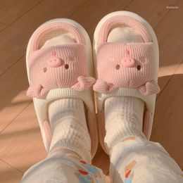 Slippers Women's Floor Autumn Thick Bottom Soft Linen Breathable Pig Cute Cartoon Bedroom Home Shoes Zapatillas De Interior