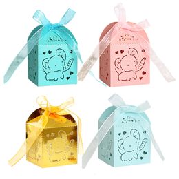 Gift Wrap 50/100pcs Cute Elephant Laser Cut Carriage Favors Box Gift Candy Boxes With Ribbon Baby Shower Wedding Birthday Party Decoration 230829