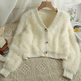 Women's Knits DAYIFUN Mink Cashmere Sweaters Women Korean Chic Sweet Short Solid Knitted Cardigan Fashion V Neck Mohair Coat Pull Soft
