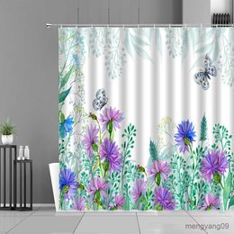 Shower Curtains Pink Flowers Shower Curtains Spring Flower Plant Butterfly Printing Bathroom Decor Curtain Set Waterproof With R230831