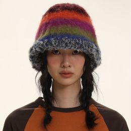 Beanie Skull Caps Japanese Gradient Wool Vintage Colour Stripe Beanie Handmade Crochet Beanie Thick Warm Knitted Hat Winter Bucket 230829