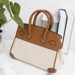 Leather Bk Platinum Handbag Genuine Tote Simple Designer Bag Women's 2024 Trend Korean Color Contrast Linen Versatile One-shoulder Messenger Bags